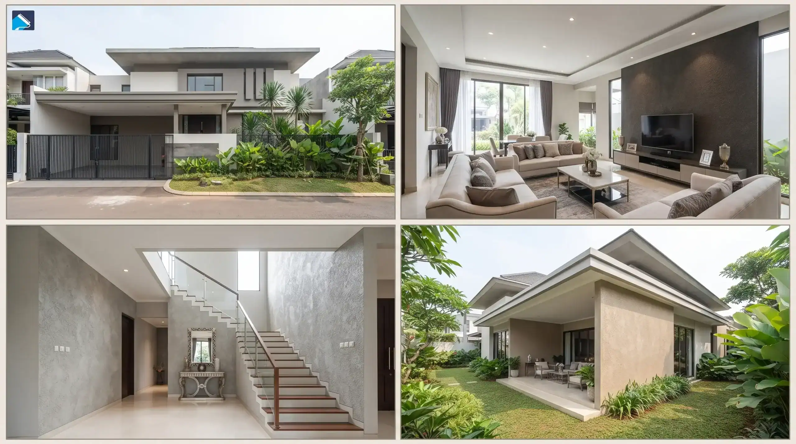 fasad rumah tanpa kolam renang tapi berpagar, ruang tamu tanpa perapian, plafon datar konvensional, dinding aksen tekstur kamprot), buat kolase empat foto,