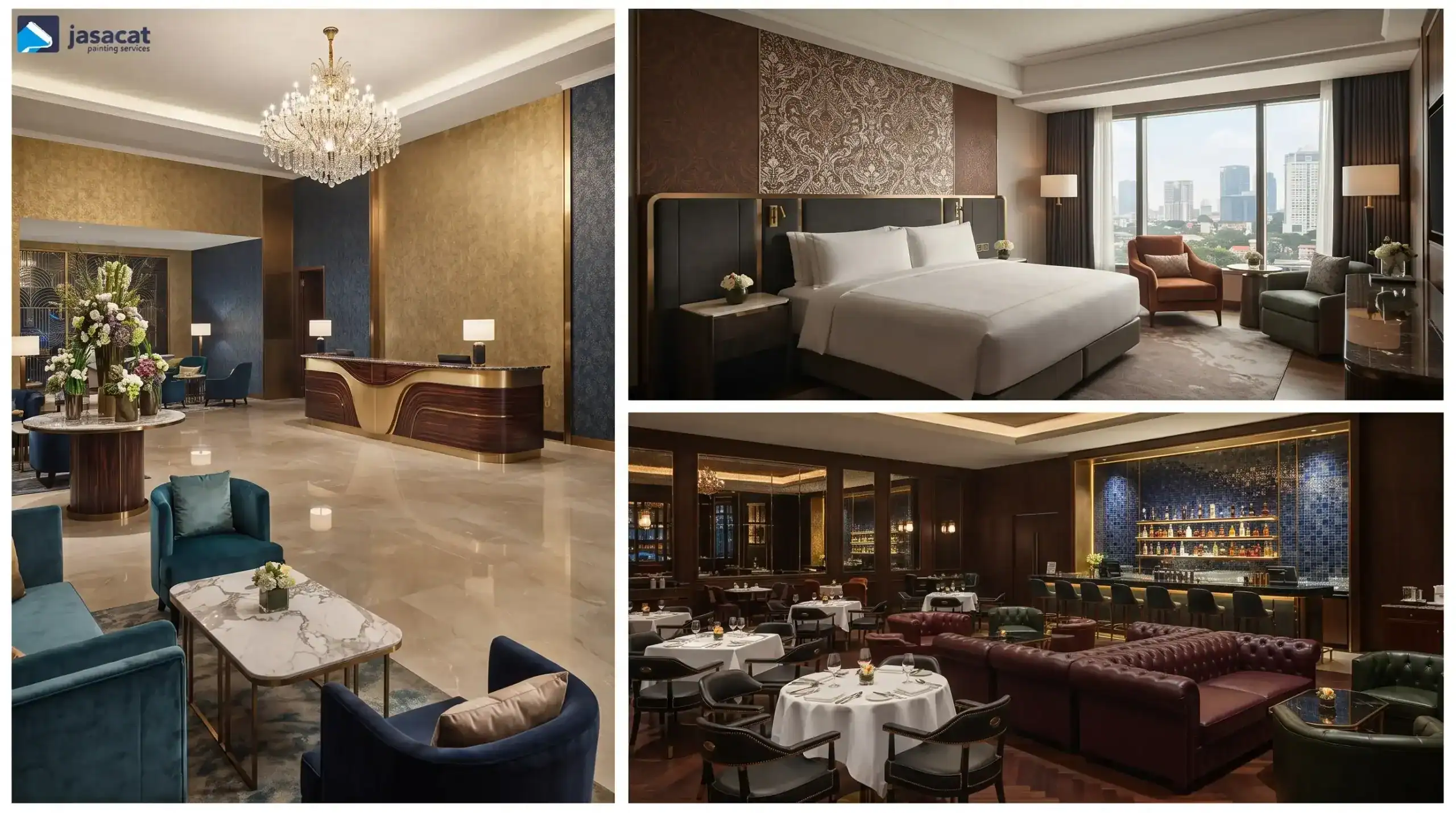 Atmosfer Berkelas dari Pilihan Warna Interior Hotel Mewah Pada rumah berukuran besar, warna memiliki peran penting dalam menghubungkan setiap ruang. Oleh sebab itu, pemilihan palet tidak bisa dilakukan secara terpisah. Setiap warna perlu membangun hubungan visual yang konsisten. Kombinasi navy dan krem dapat digunakan sebagai dasar palet interior yang fleksibel. Krem dapat mendominasi area utama, sedangkan navy digunakan untuk memberikan penekanan. Sebagai contoh, ruang keluarga dapat menggunakan dinding krem dengan satu bidang navy. Selanjutnya, elemen furnitur dapat mengikuti palet yang sama melalui cushion, karpet, atau dekorasi. Dengan pendekatan tersebut, interior terlihat lebih terarah. Selain itu, ruangan juga tidak terasa penuh oleh terlalu banyak warna. Ruang Tamu dengan Karakter Lebih Mewah Ruang tamu sering menjadi area pertama yang dilihat oleh tamu. Karena itu, tampilannya perlu memberikan kesan yang tepat sejak awal. Dinding berwarna krem dapat menciptakan suasana yang hangat dan terbuka. Kemudian, navy dapat hadir melalui satu bidang aksen atau detail arsitektur tertentu. Perpaduan ini terasa lebih dewasa dibandingkan kombinasi warna yang terlalu cerah. Selain itu, tampilannya juga cocok untuk rumah premium di kawasan seperti Pondok Indah, Menteng, BSD, PIK, atau Pantai Indah Kapuk. Pencahayaan juga memegang peranan penting. Oleh karena itu, warna cat sebaiknya dipertimbangkan bersama arah cahaya alami dan lampu interior.