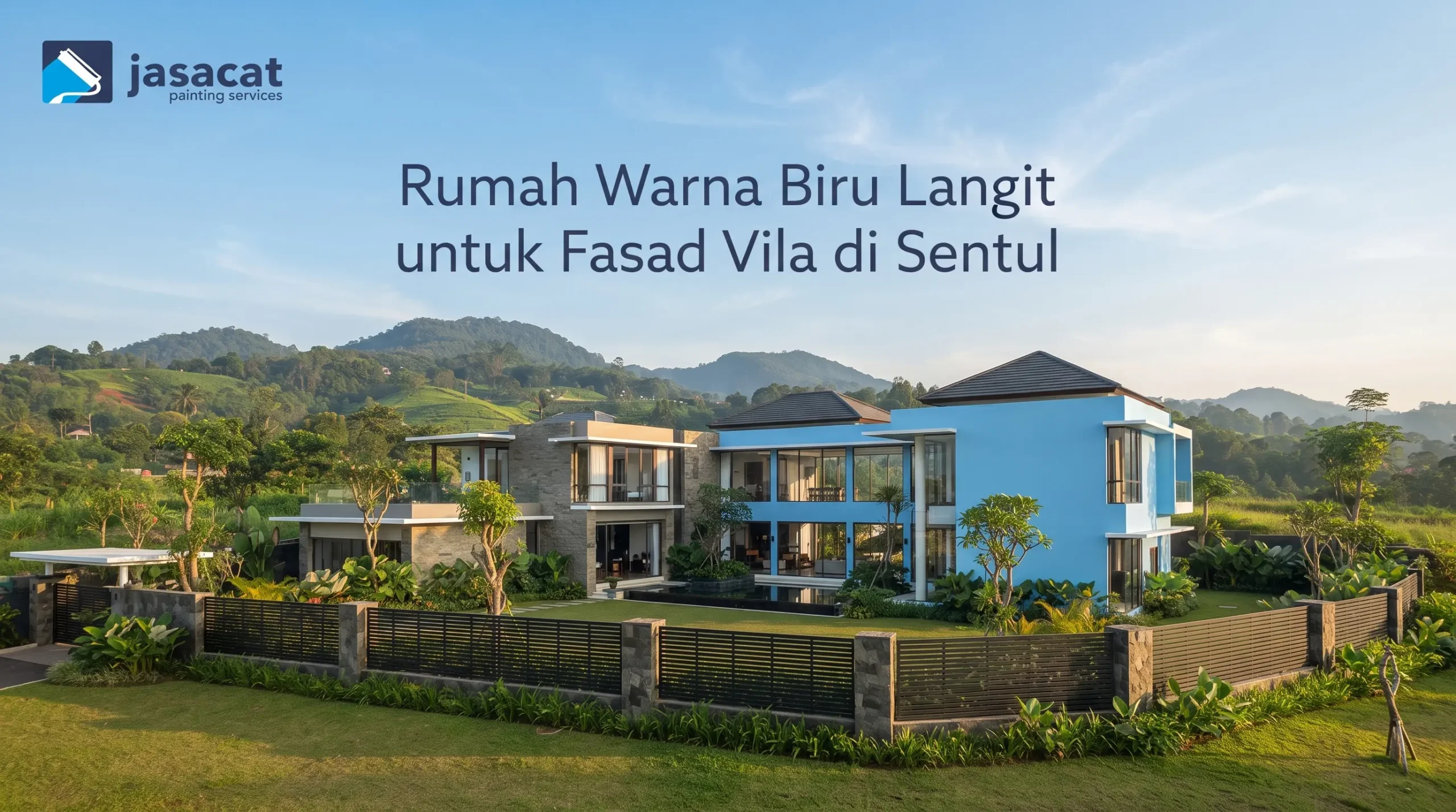 Rumah Warna Biru Langit untuk Fasad Vila di Sentul