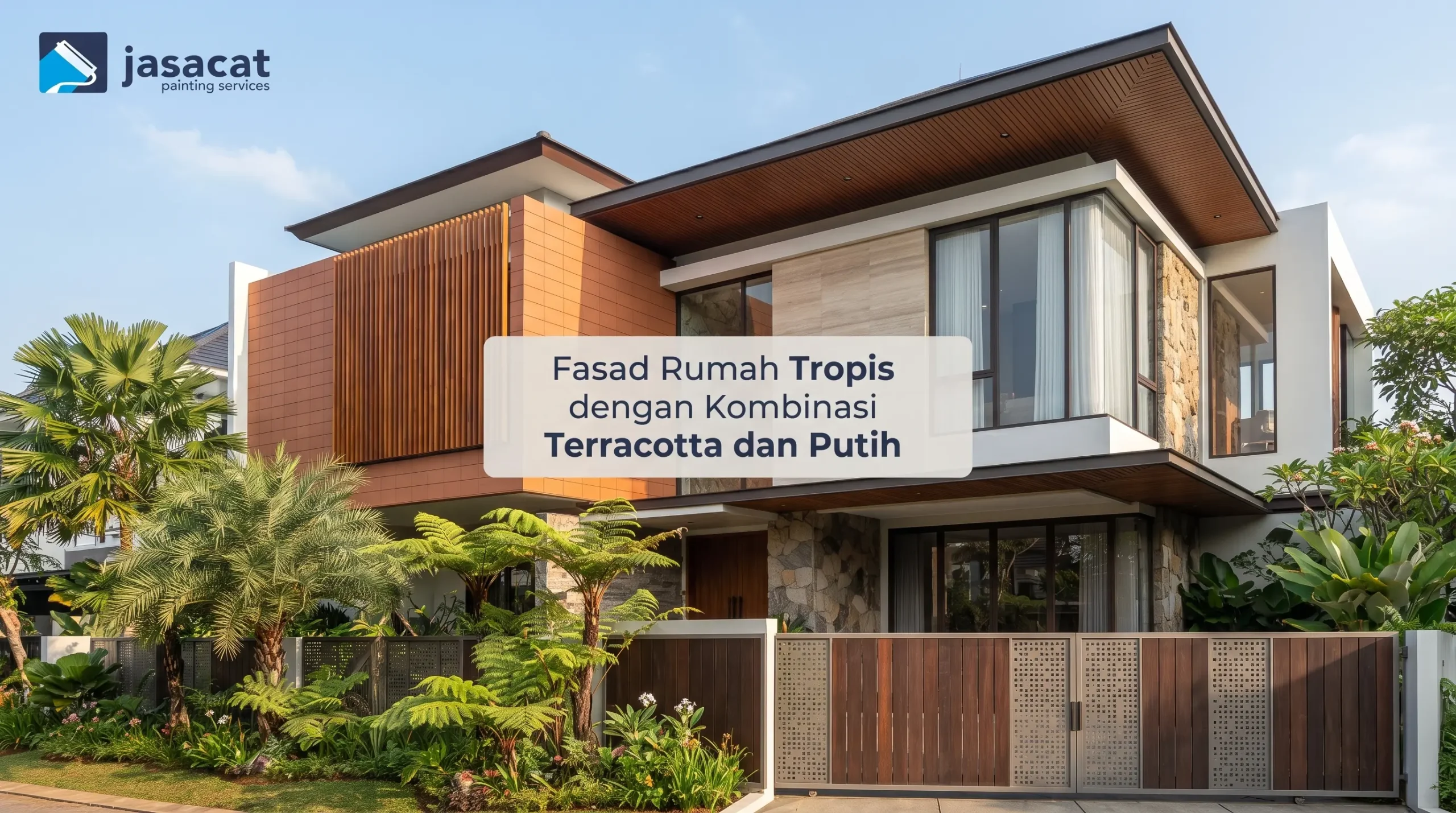 Fasad Rumah Tropis dengan Kombinasi Terracotta dan Putih