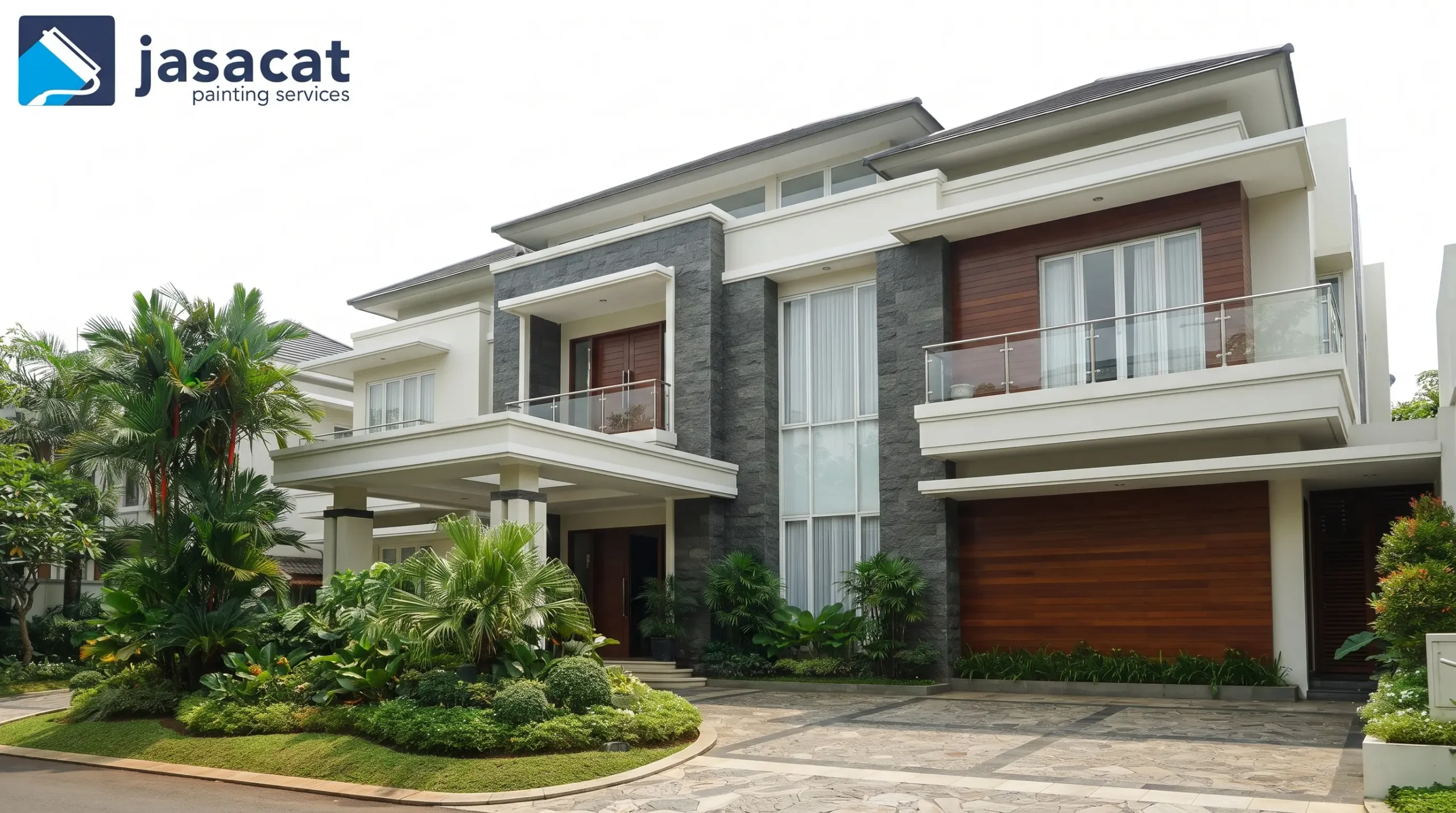 Rumah Putih Bergaya Kontemporer dengan Detail Fasad Menarik