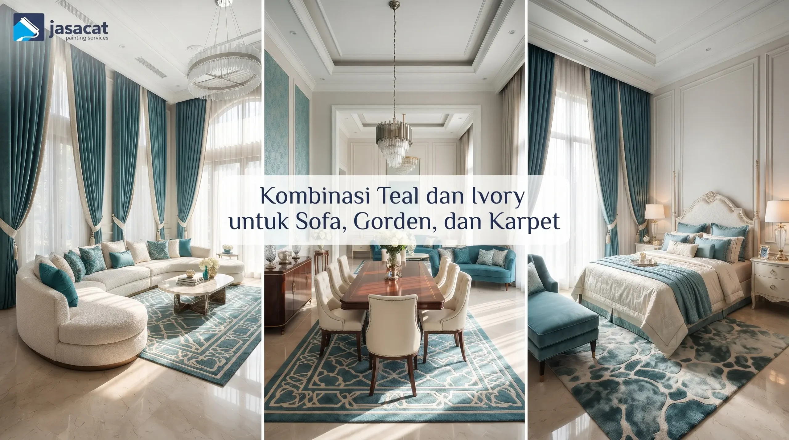 Kombinasi Teal dan Ivory untuk Sofa, Gorden, dan Karpet