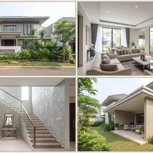 fasad rumah tanpa kolam renang tapi berpagar, ruang tamu tanpa perapian, plafon datar konvensional, dinding aksen tekstur kamprot), buat kolase empat foto,